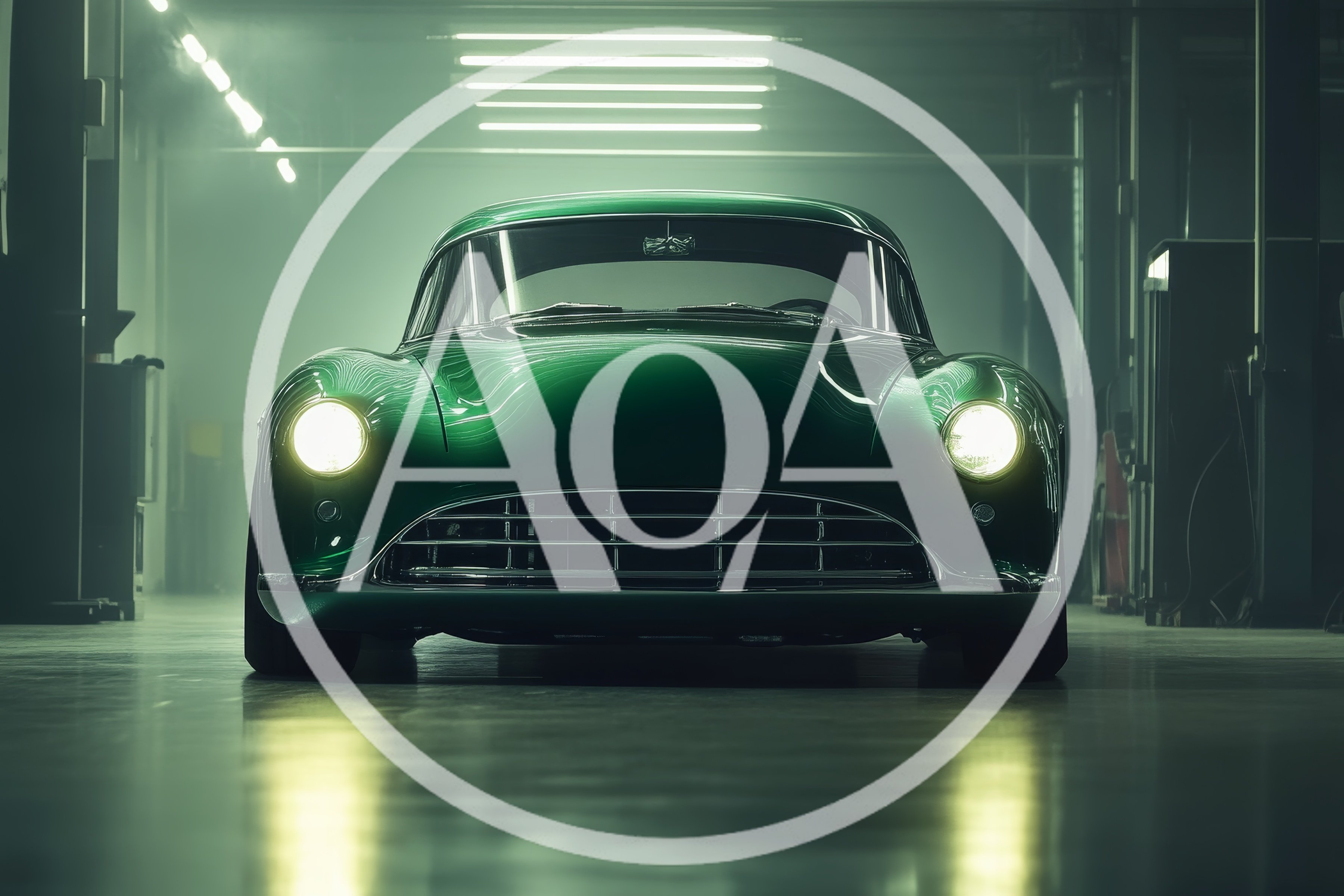 Vintage Green Sports Car In Industrial Garage