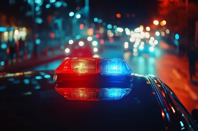 Police Car Emergency Light Bar Flashing At Night