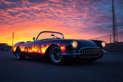 Classic Black Corvette With Flame Decals At Sunset