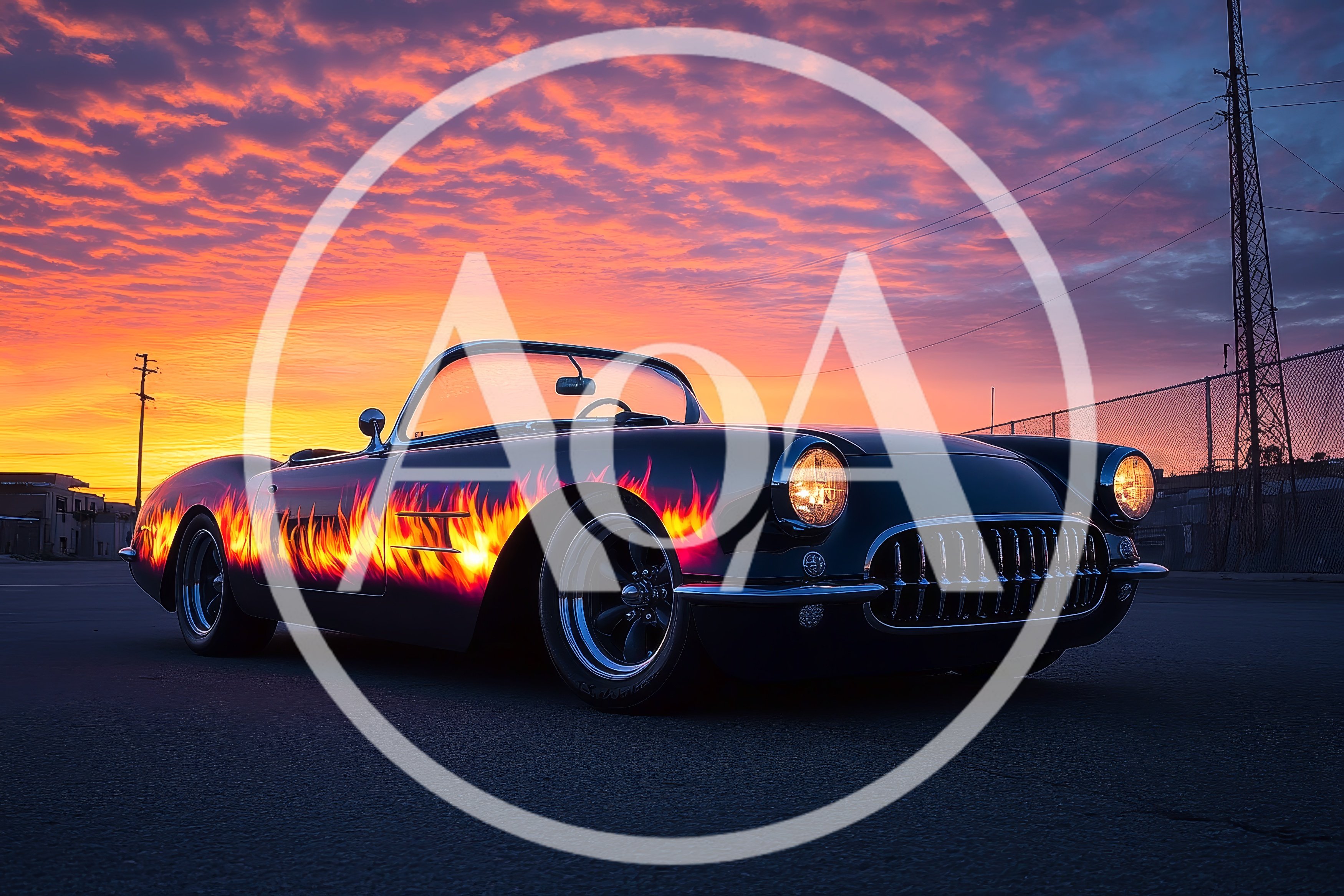Classic Black Corvette With Flame Decals At Sunset
