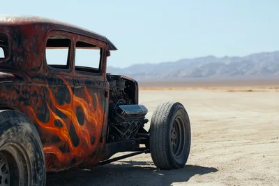 Vintage Hot Rod Car On Dry Lake Bed