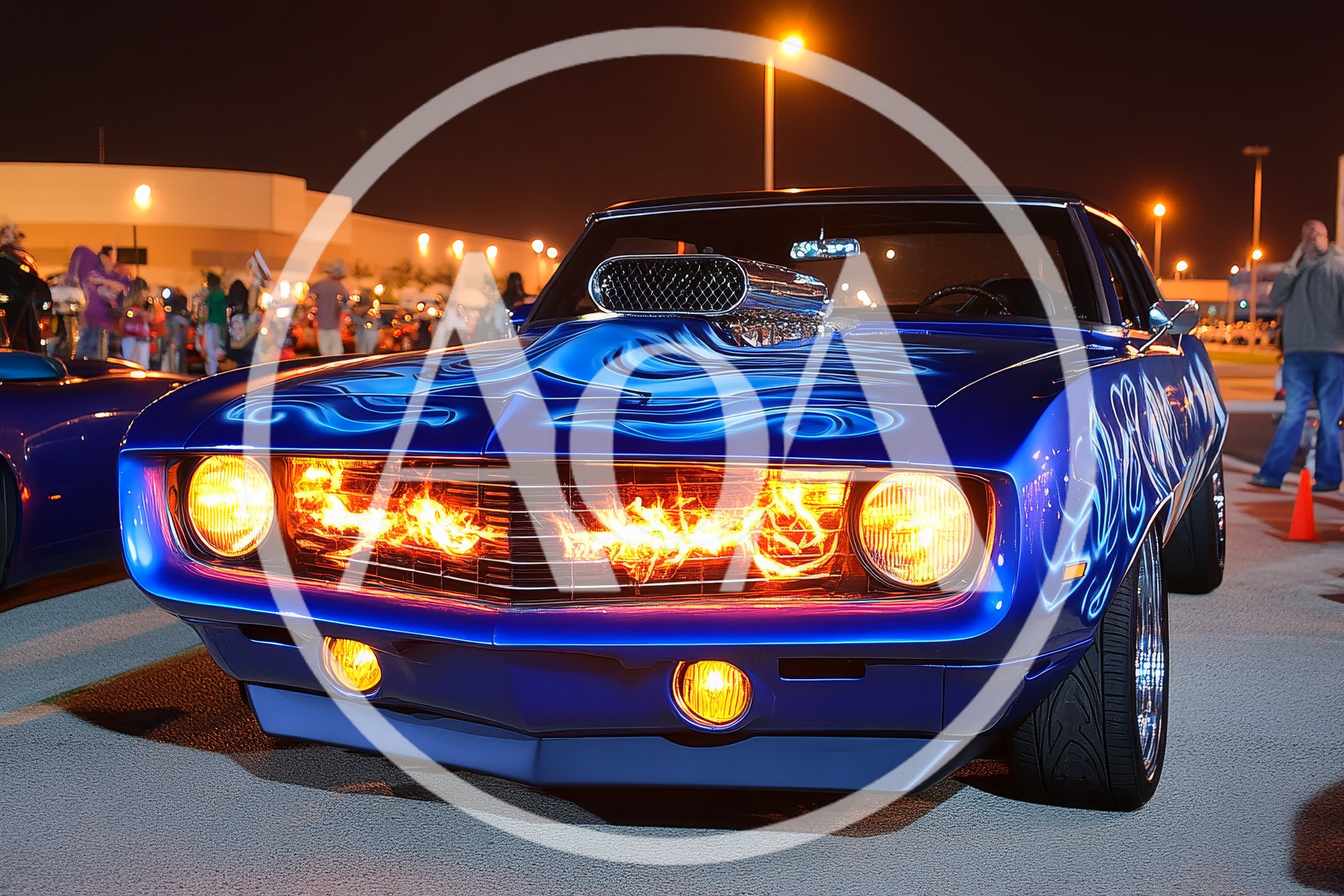 Custom Blue Muscle Car With Flaming Grille At Night
