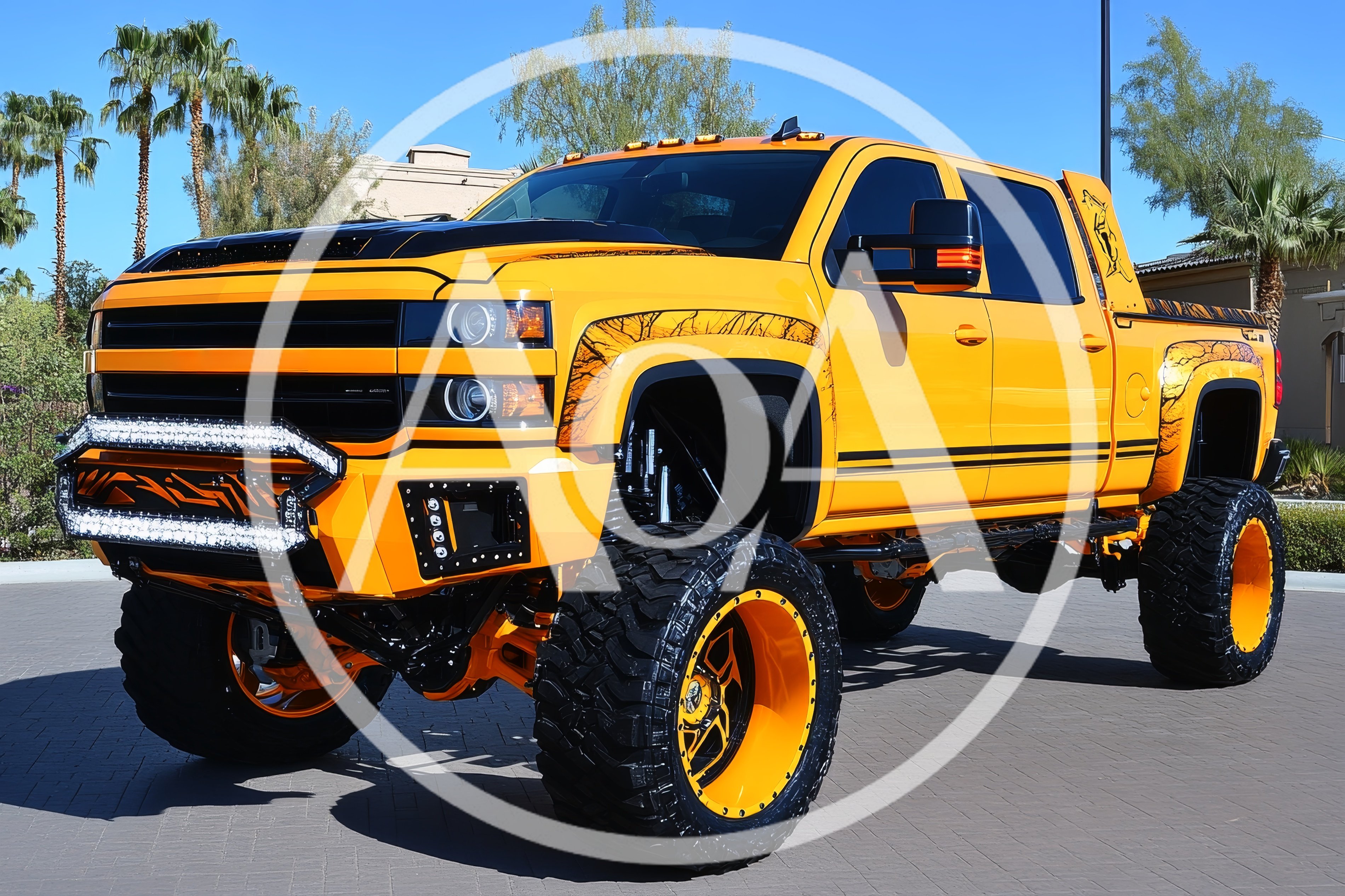 Custom Lifted Yellow Chevrolet Silverado Pickup Truck