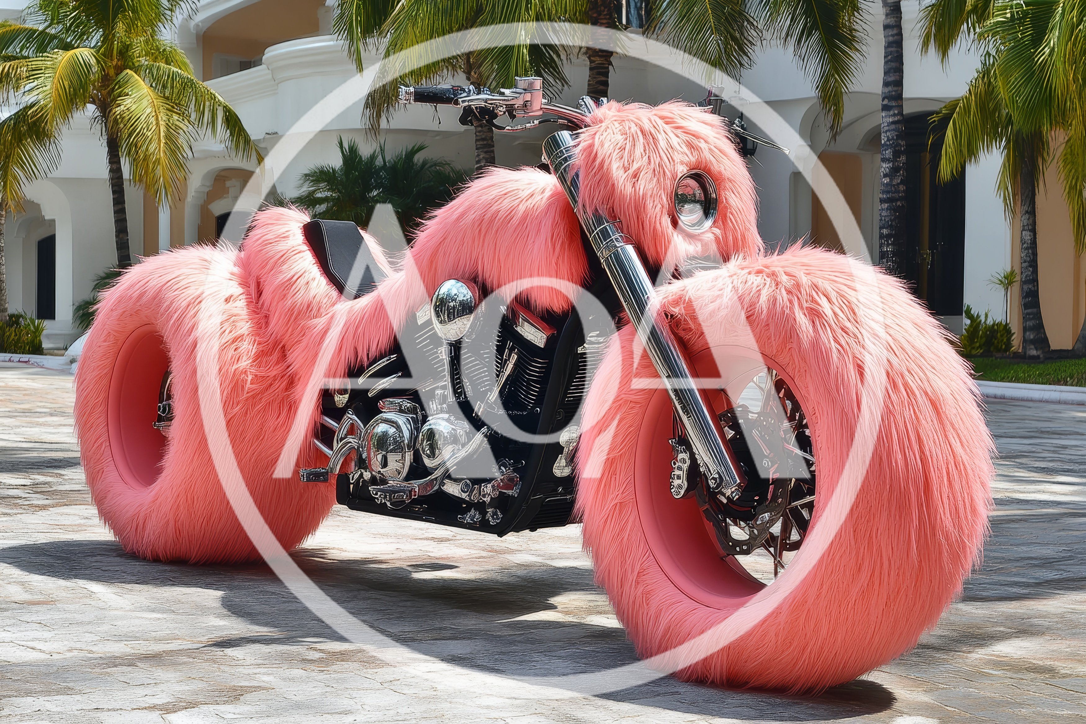 Custom Pink Furry Motorcycle Parked Outdoors
