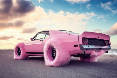 Pink Furry Muscle Car On A Beach