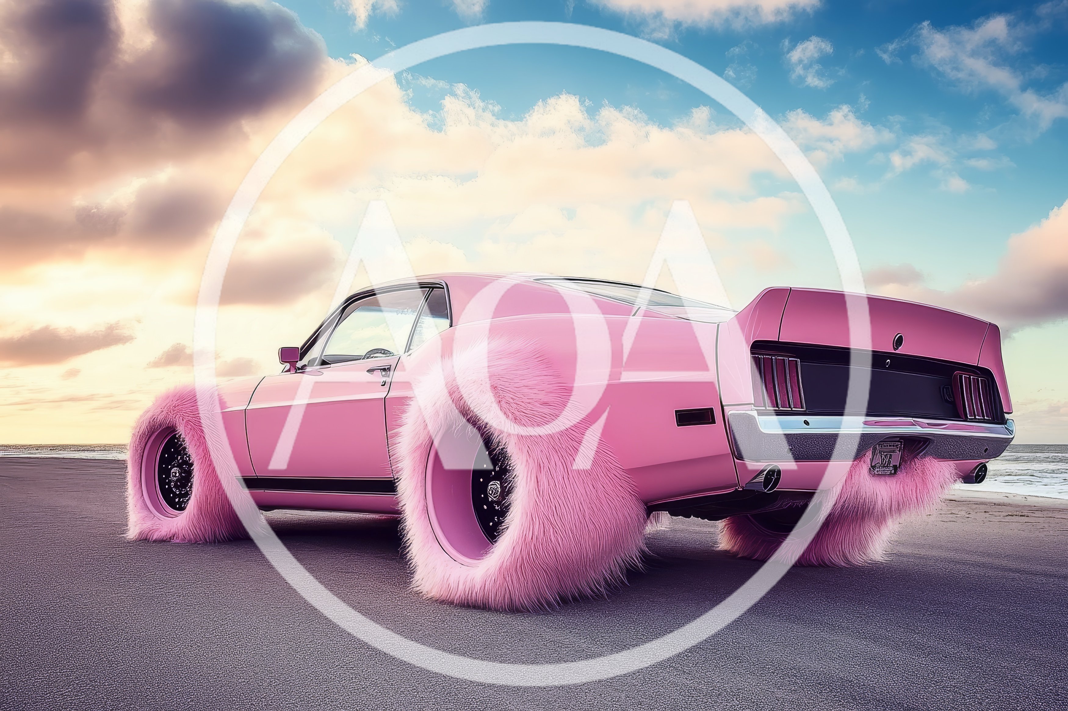 Pink Furry Muscle Car On A Beach