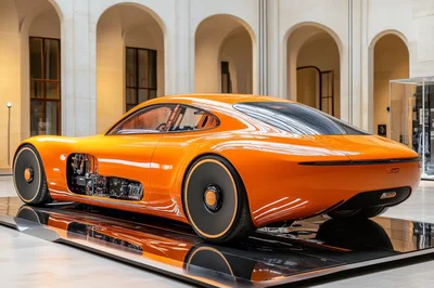 Futuristic Orange Concept Car Displayed In Museum