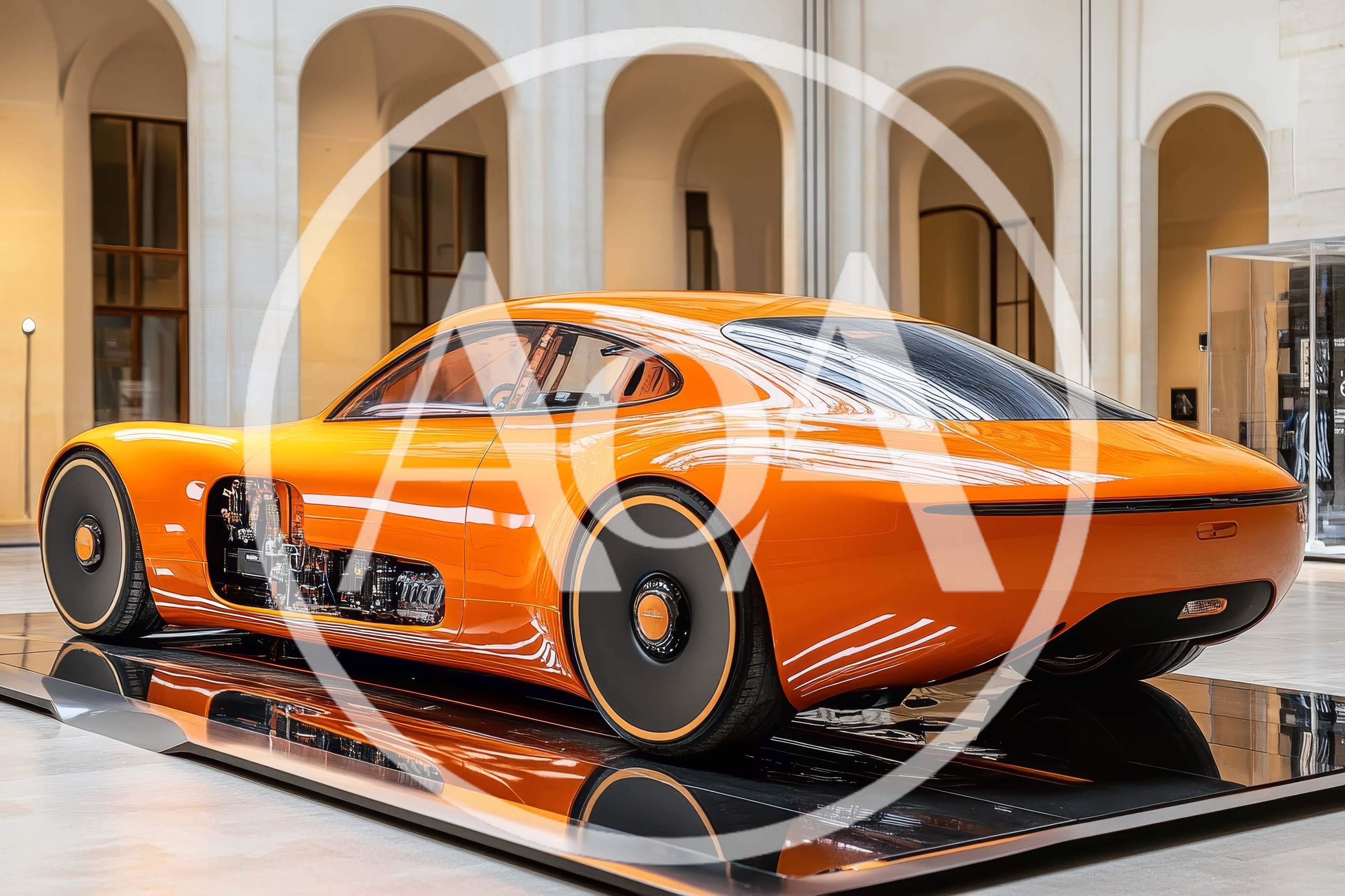 Futuristic Orange Concept Car Displayed In Museum