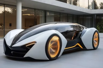 Futuristic Concept Car Parked Outside Modern Architectural Building
