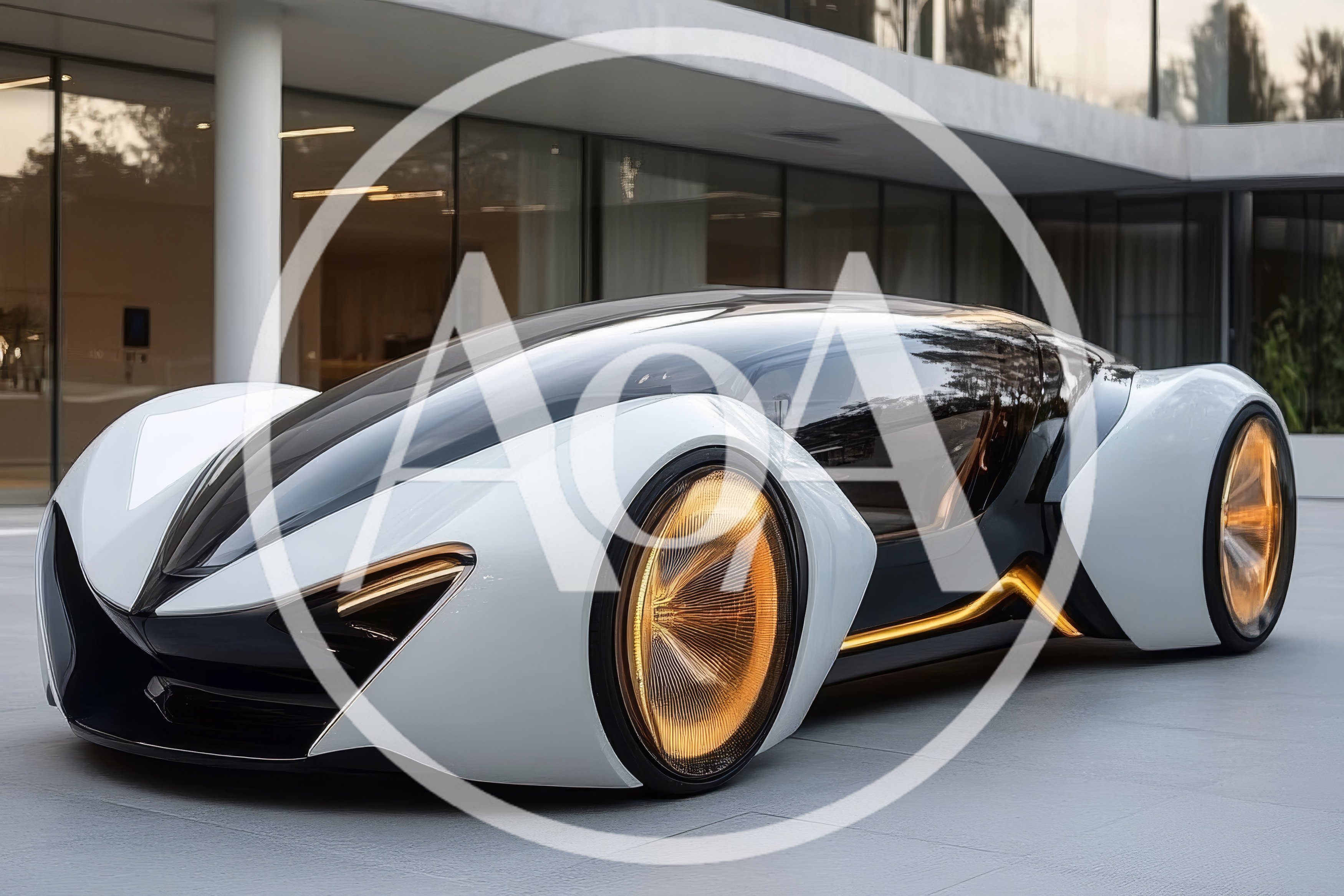 Futuristic Concept Car Parked Outside Modern Architectural Building