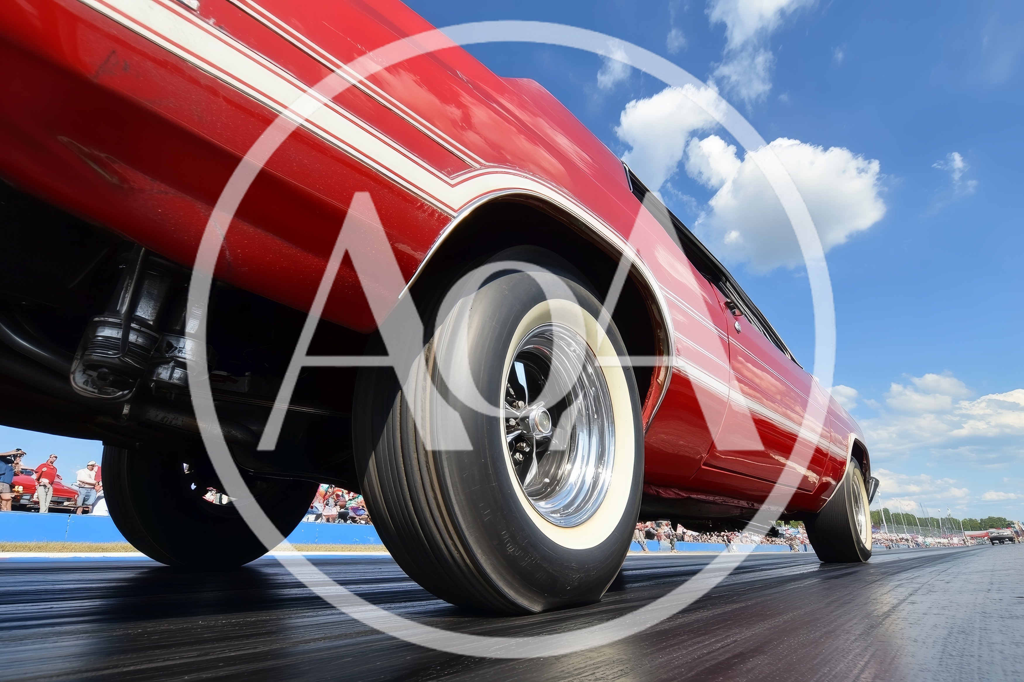 Red Muscle Car Launching On Drag Strip