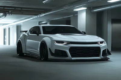 Modified White Sports Coupe in Underground Parking Garage