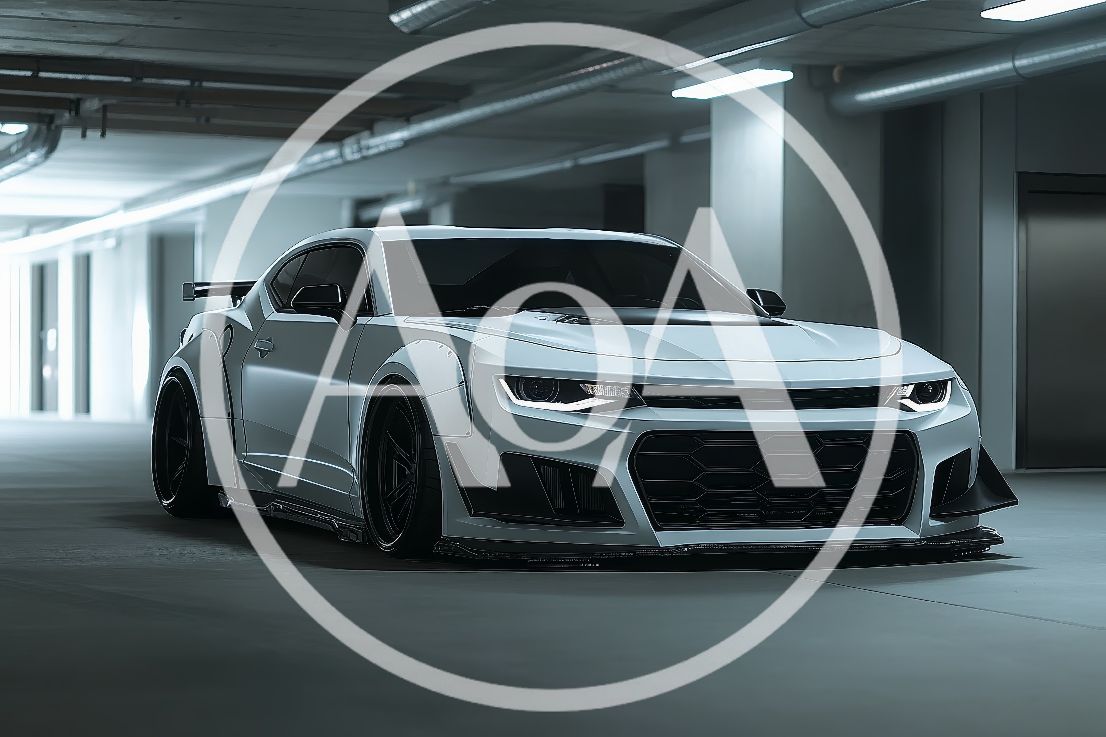 Modified White Sports Coupe in Underground Parking Garage
