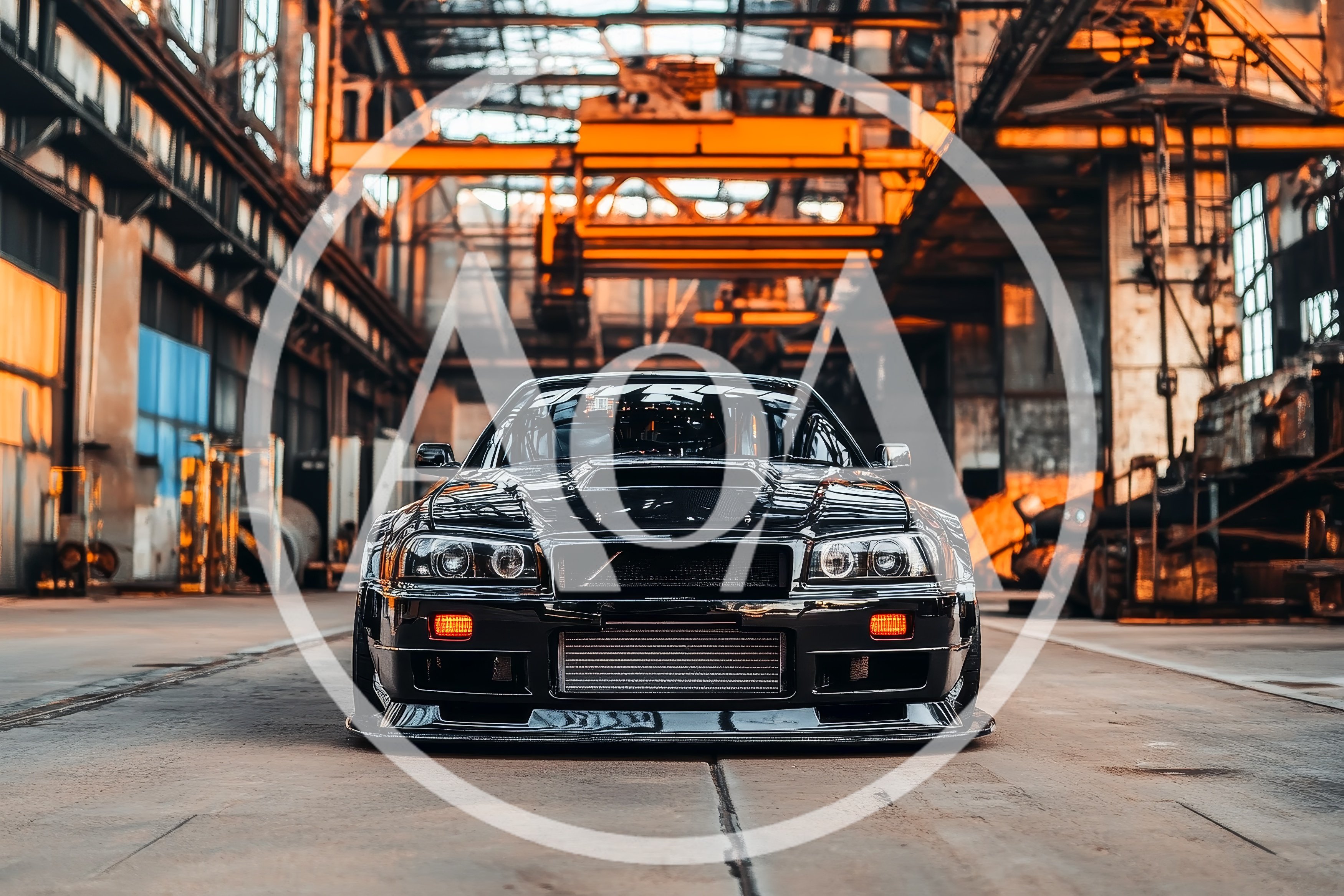 Modified Nissan Skyline GT-R R34 in Industrial Warehouse