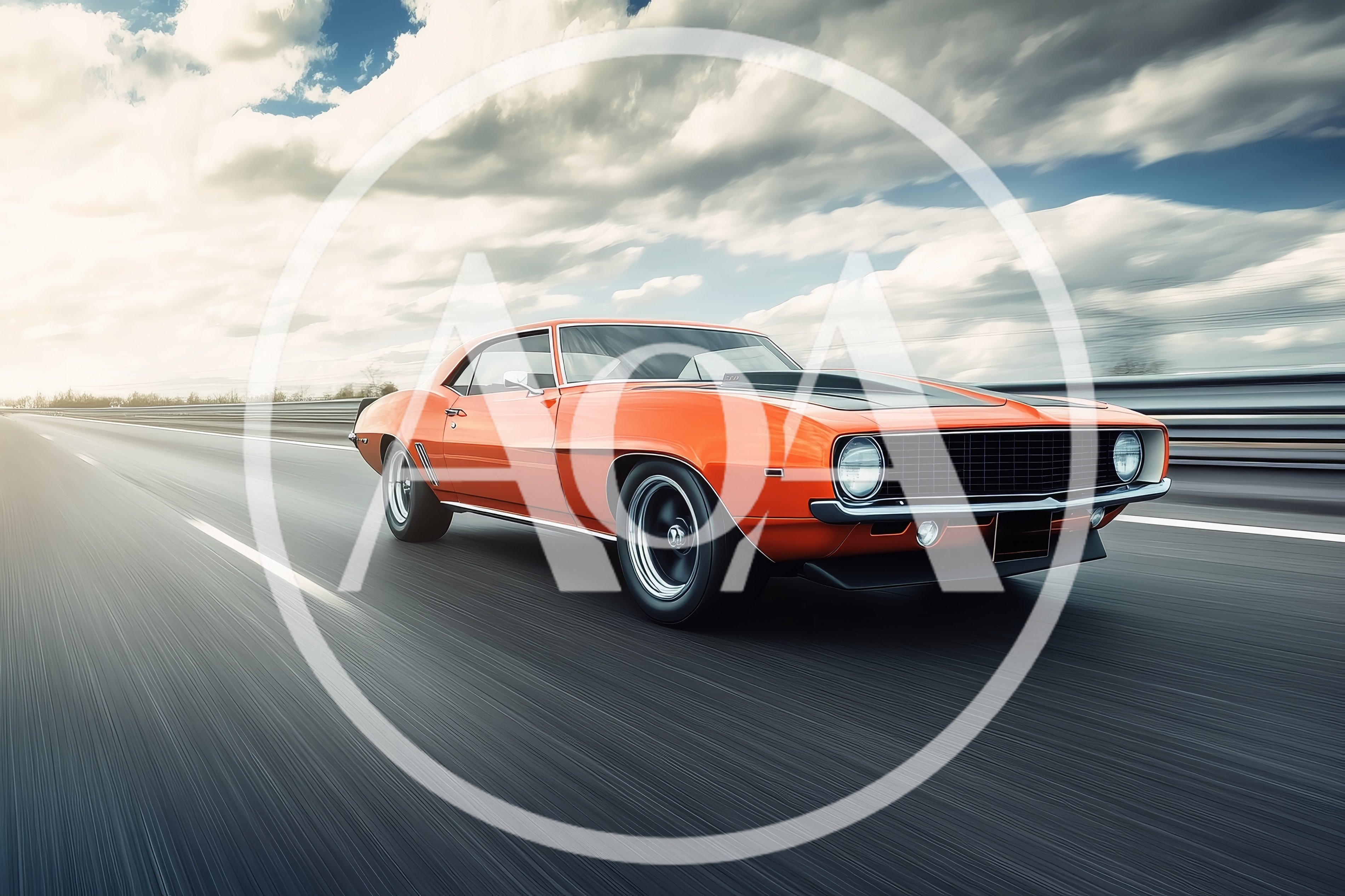 Orange Classic Muscle Car Driving On Highway