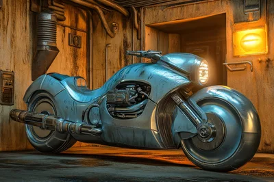 Futuristic Metallic Motorcycle Parked In Industrial Alleyway