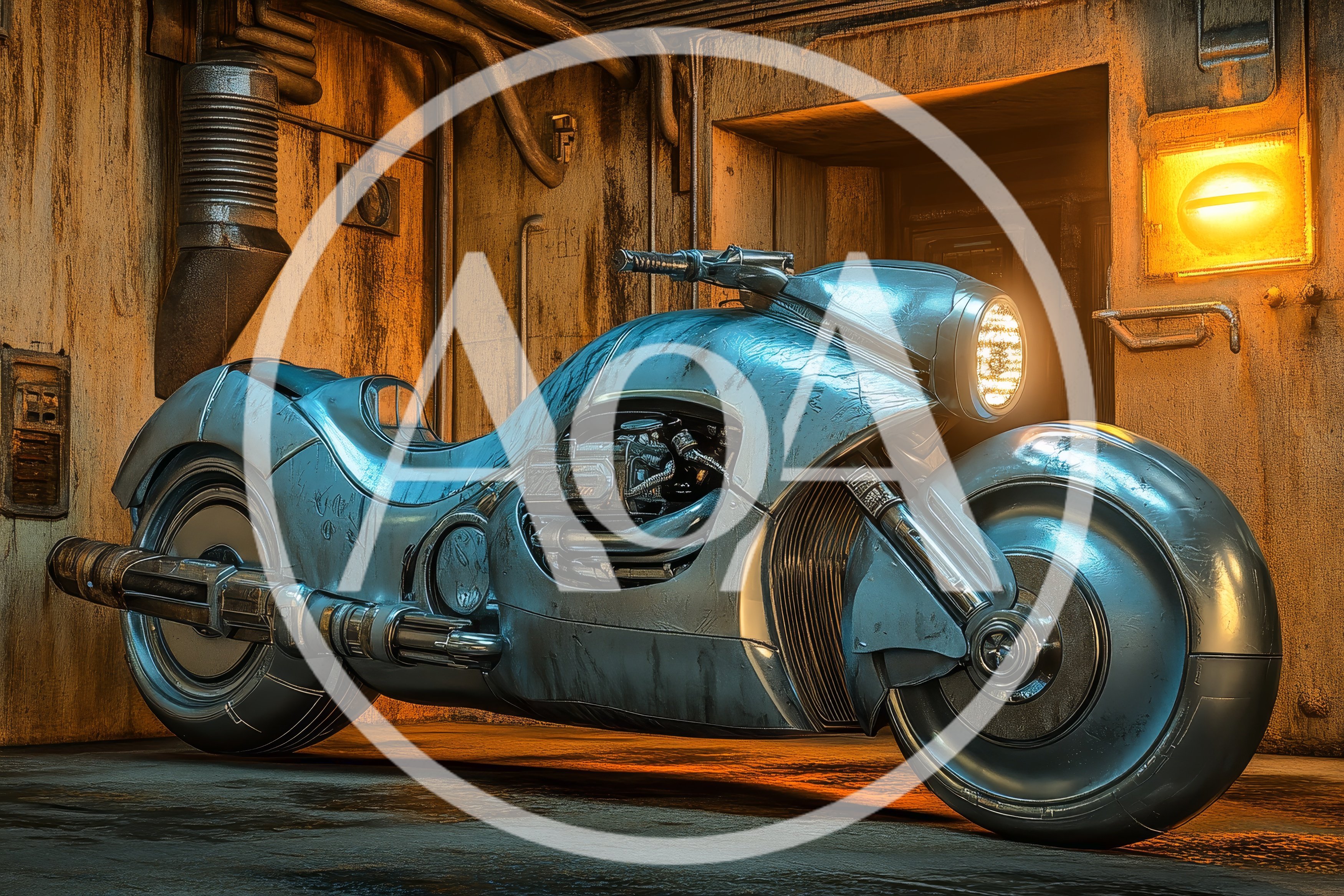 Futuristic Metallic Motorcycle Parked In Industrial Alleyway