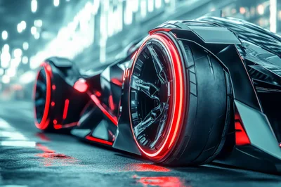 Futuristic Concept Car With Glowing Red Neon Wheels