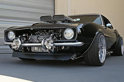 Custom Black Muscle Car With Exposed Engine