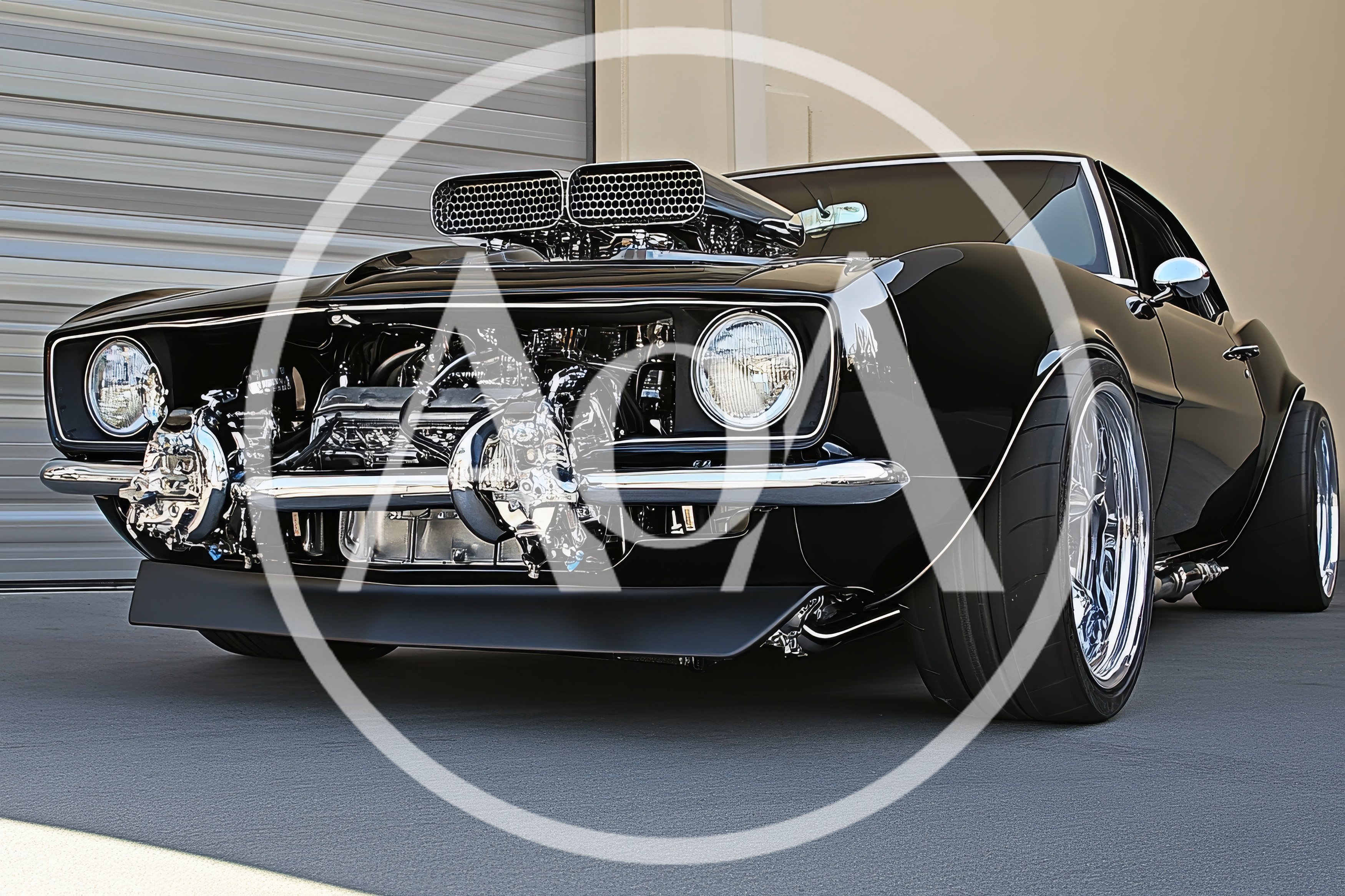 Custom Black Muscle Car With Exposed Engine