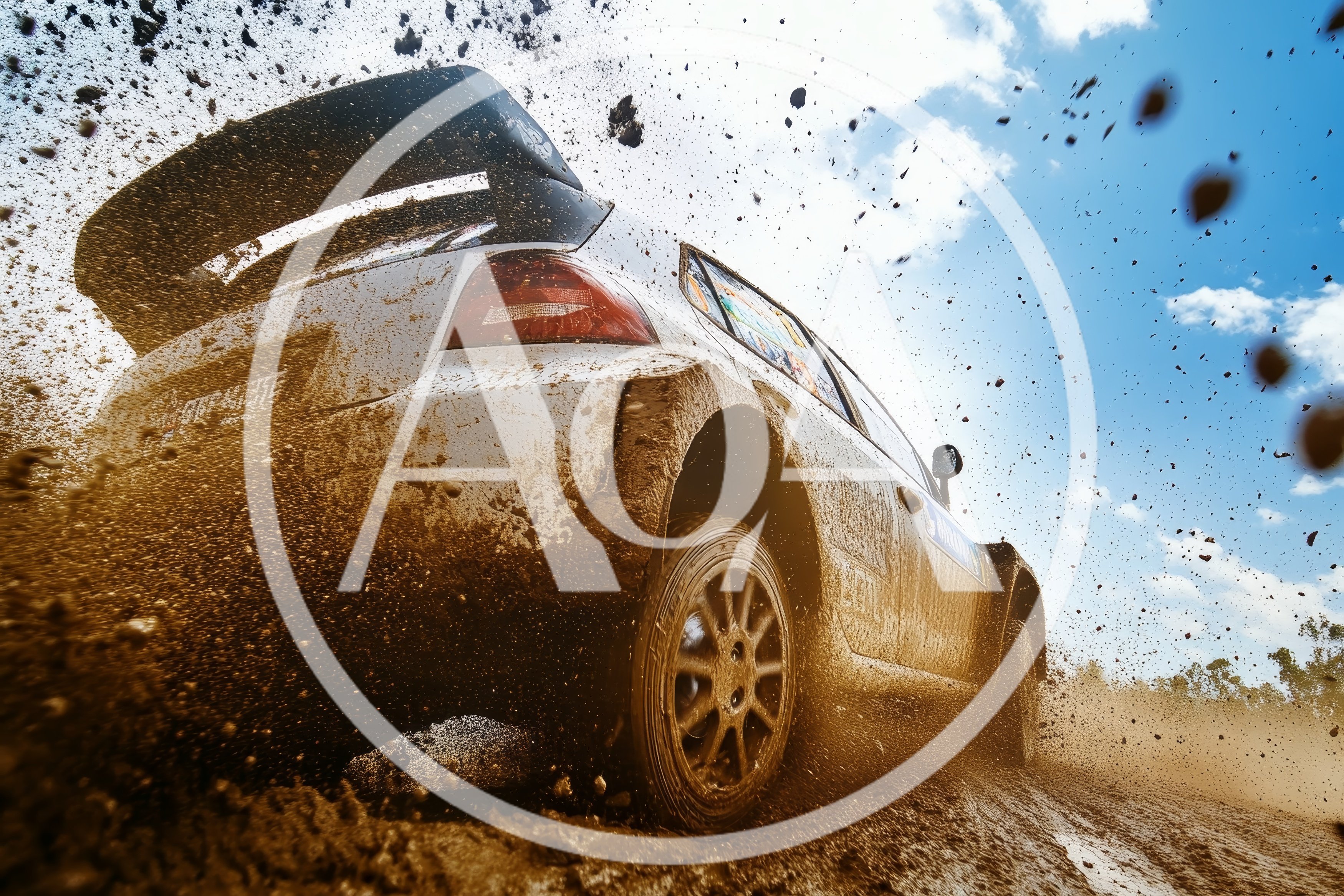 Rally Car Drifting Through Muddy Terrain