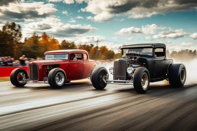 Two Classic Hot Rods Racing on Drag Strip