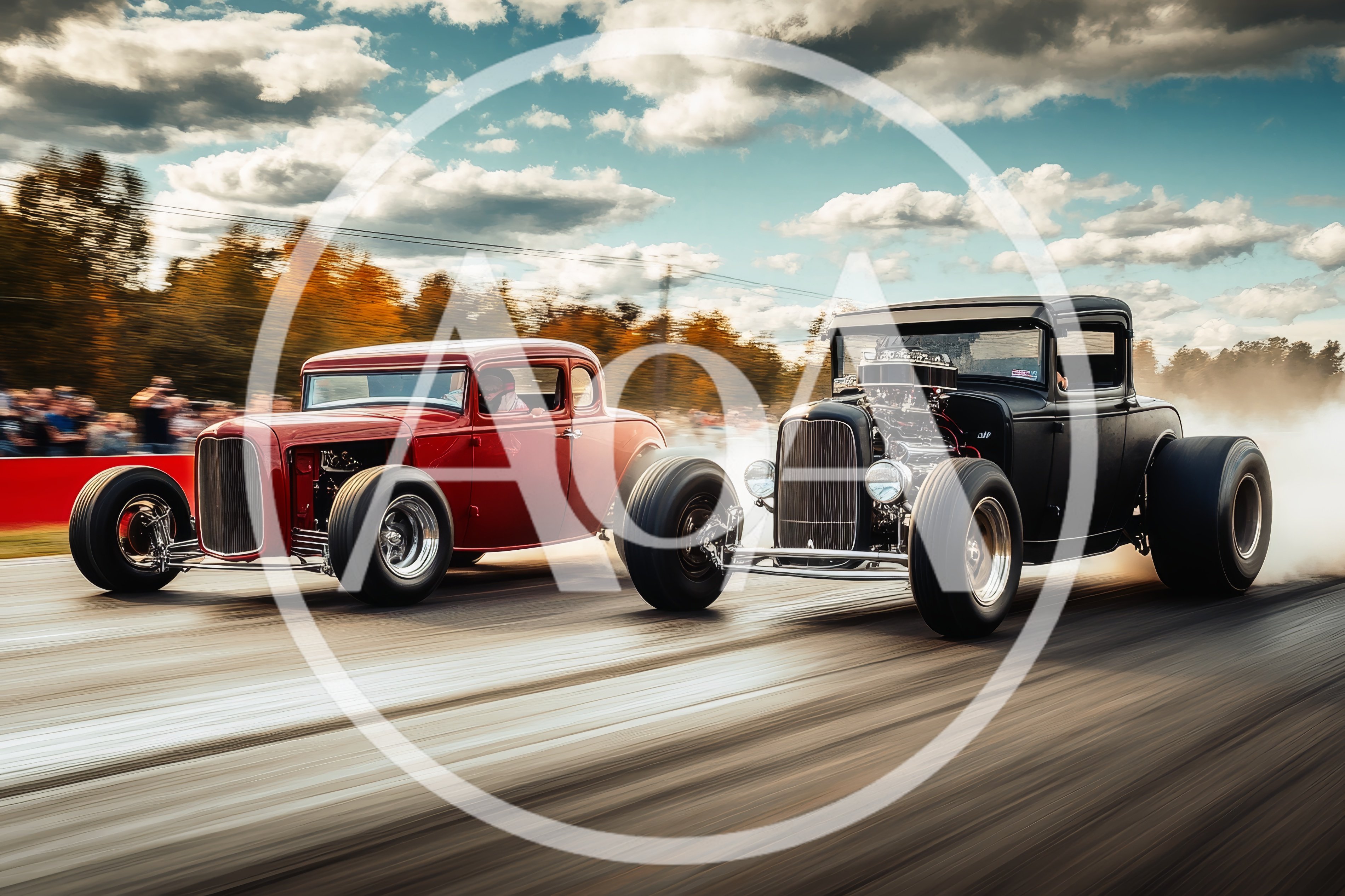 Two Classic Hot Rods Racing on Drag Strip