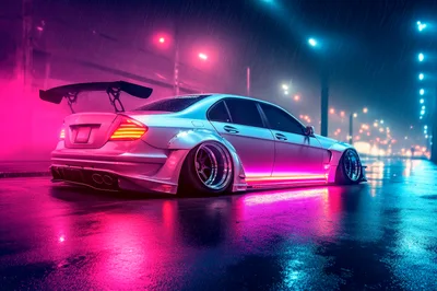 Modified Luxury Sedan With Neon Underglow In Rain