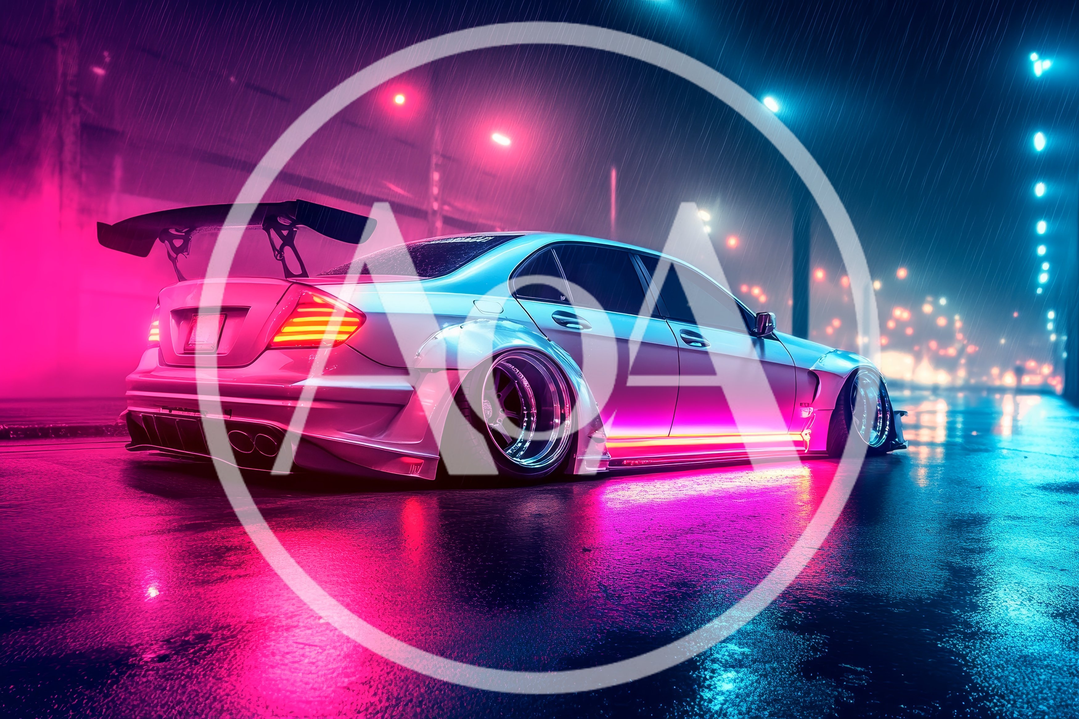 Modified Luxury Sedan With Neon Underglow In Rain