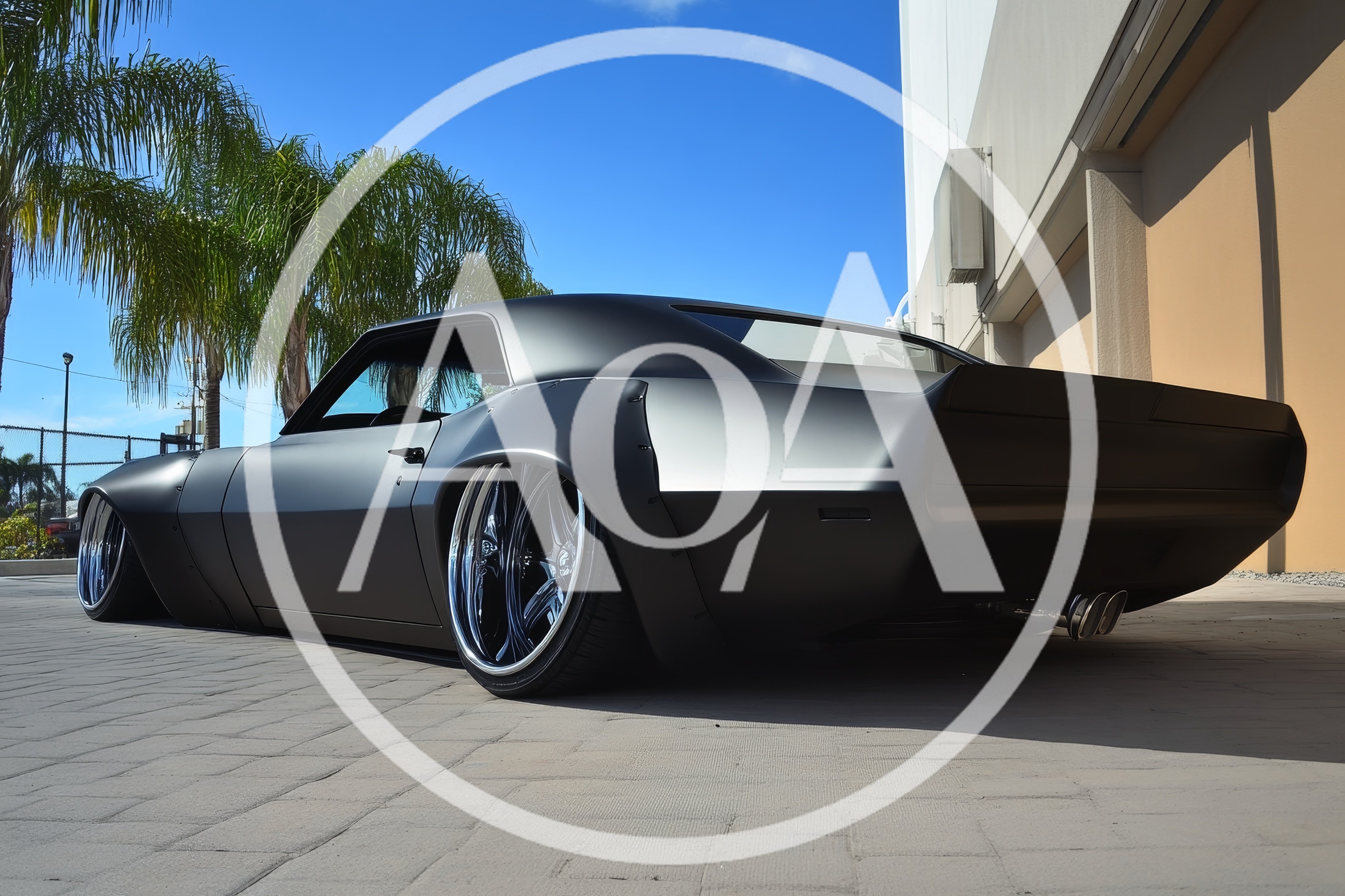 Custom Matte Black Muscle Car Parked Outdoors