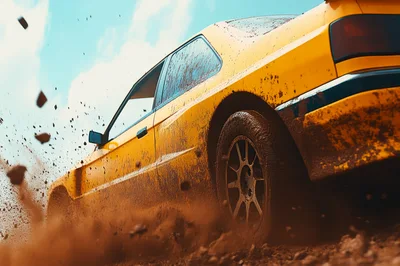 Yellow Rally Car Drifting Through Muddy Terrain