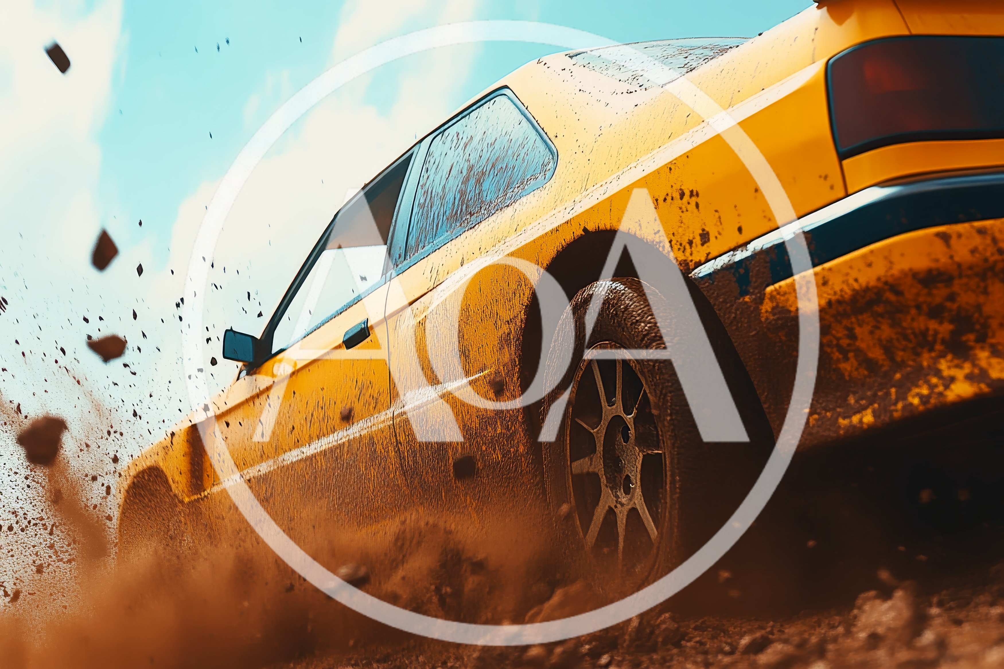 Yellow Rally Car Drifting Through Muddy Terrain