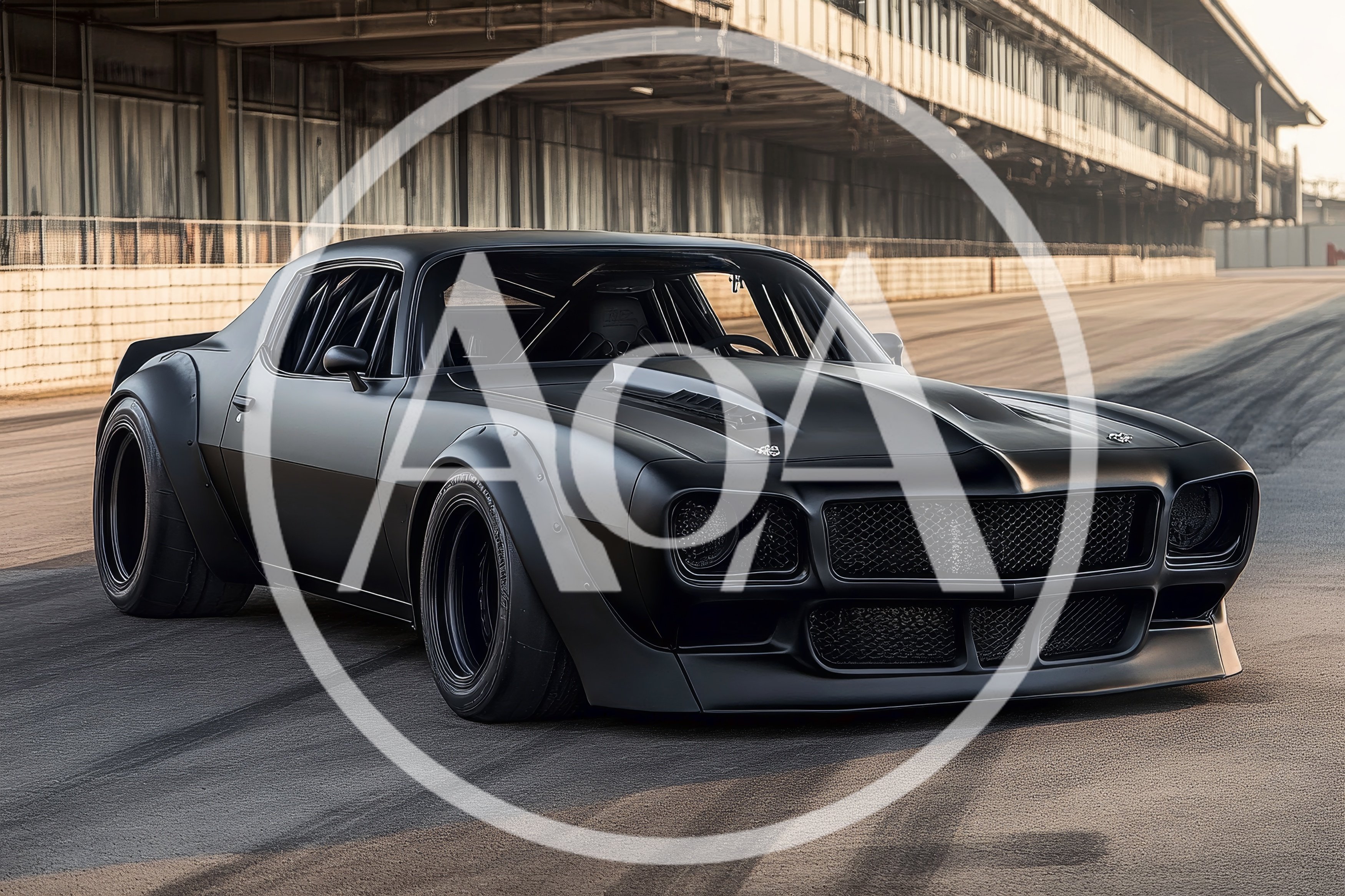Custom Matte Black Muscle Car On Racetrack