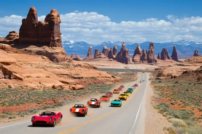 Vintage Sports Cars Driving Through Desert Landscape