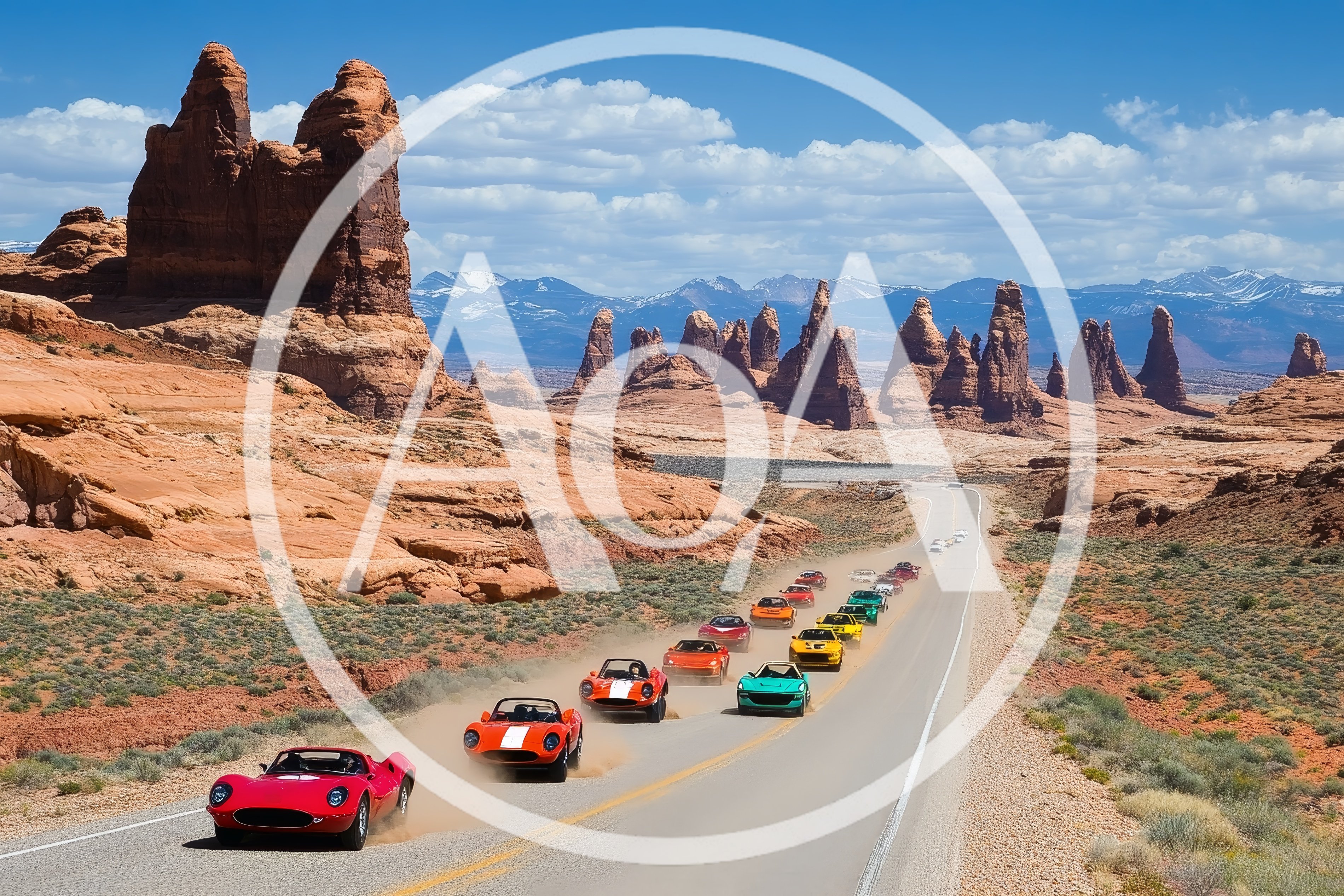 Vintage Sports Cars Driving Through Desert Landscape