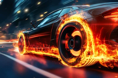 Sports Car Speeding With Flaming Wheels At Night