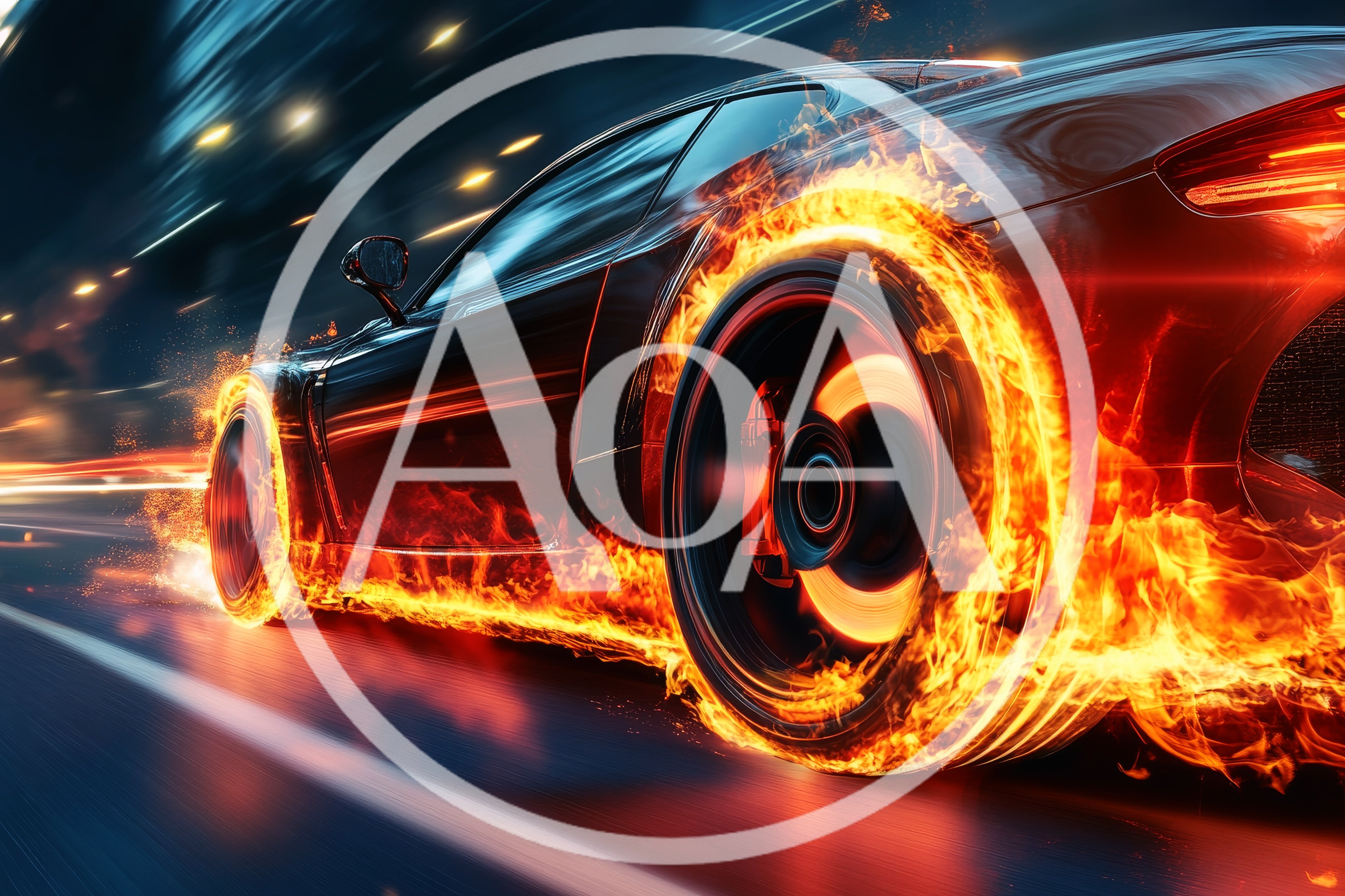 Sports Car Speeding With Flaming Wheels At Night