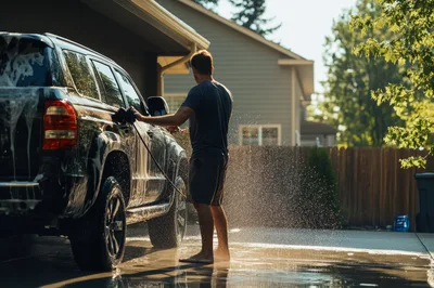 Man Washing Black SUV in Residential Driveway