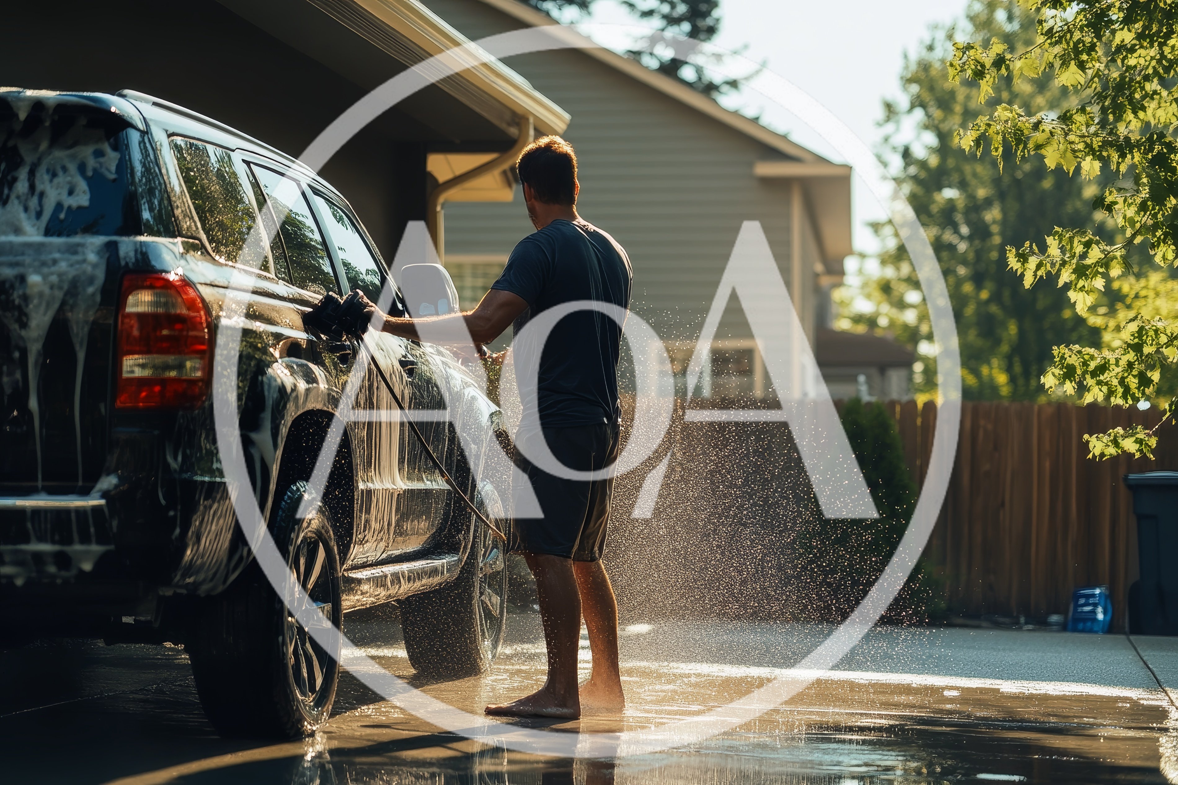 Man Washing Black SUV in Residential Driveway