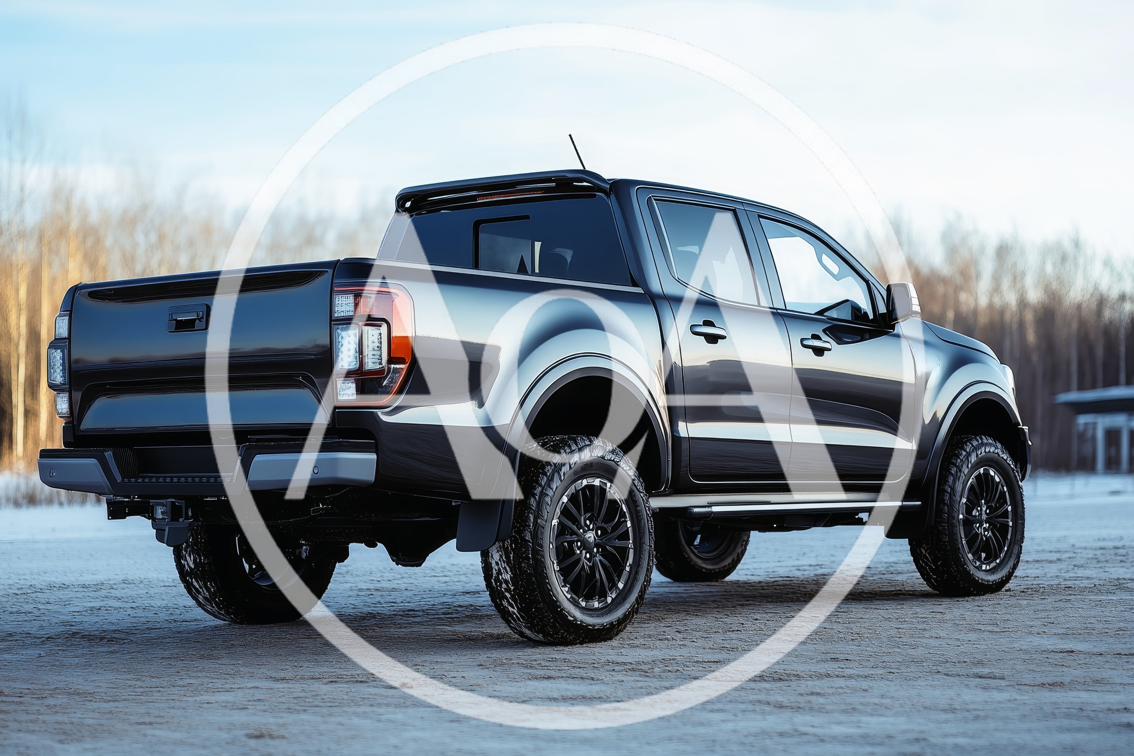 Dark Gray Pickup Truck Parked On Snowy Ground
