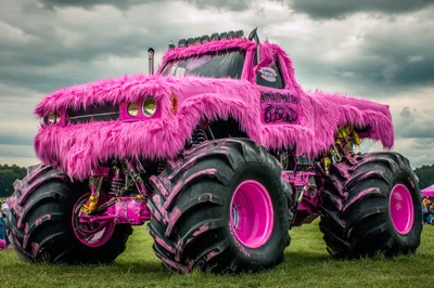 Furry Pink Monster Truck Parked on Grass