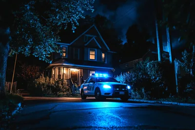 Police Cruiser Parked Outside Residential House At Night