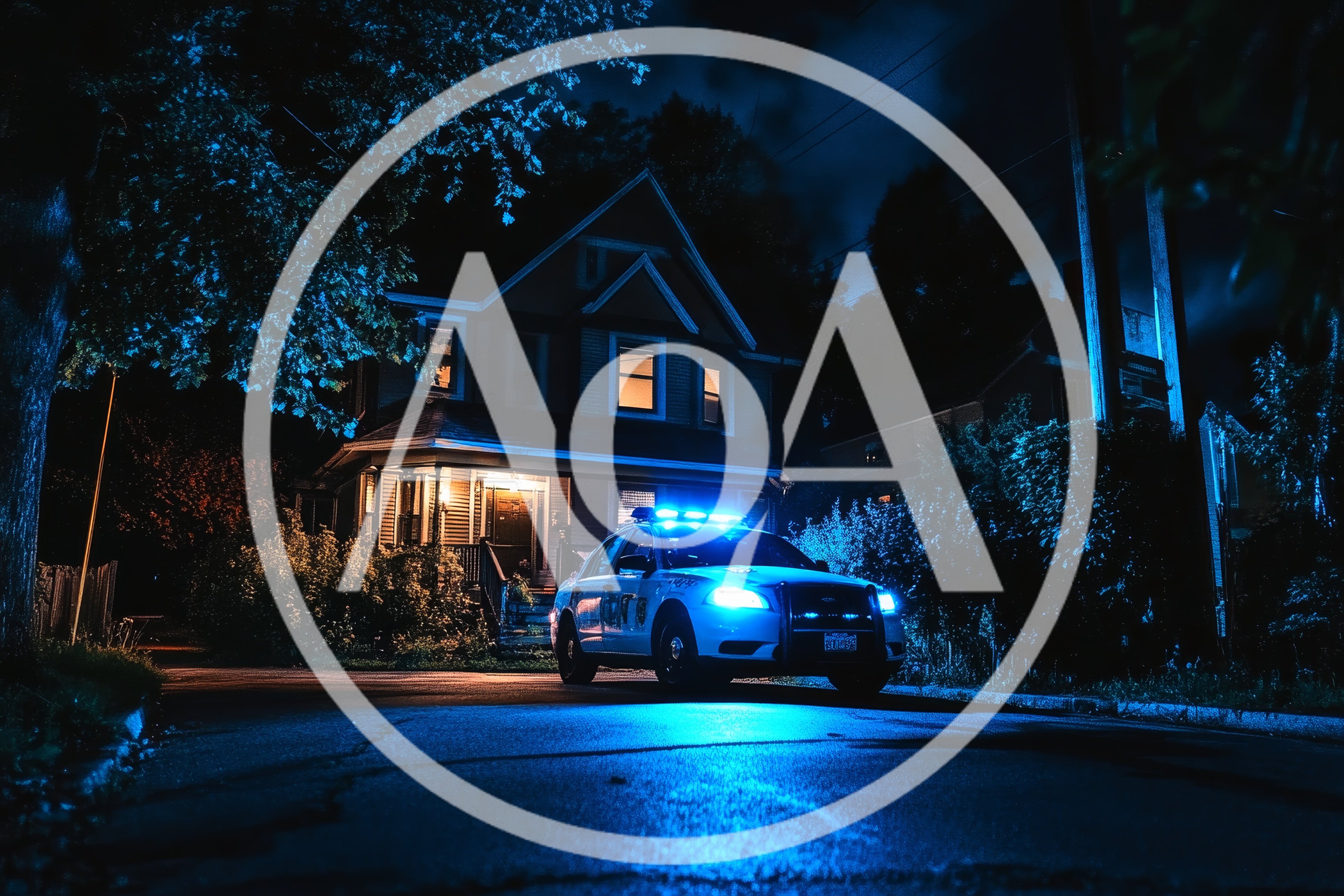 Police Cruiser Parked Outside Residential House At Night
