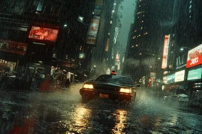 Cyberpunk Taxi Driving Through Rainy City Street