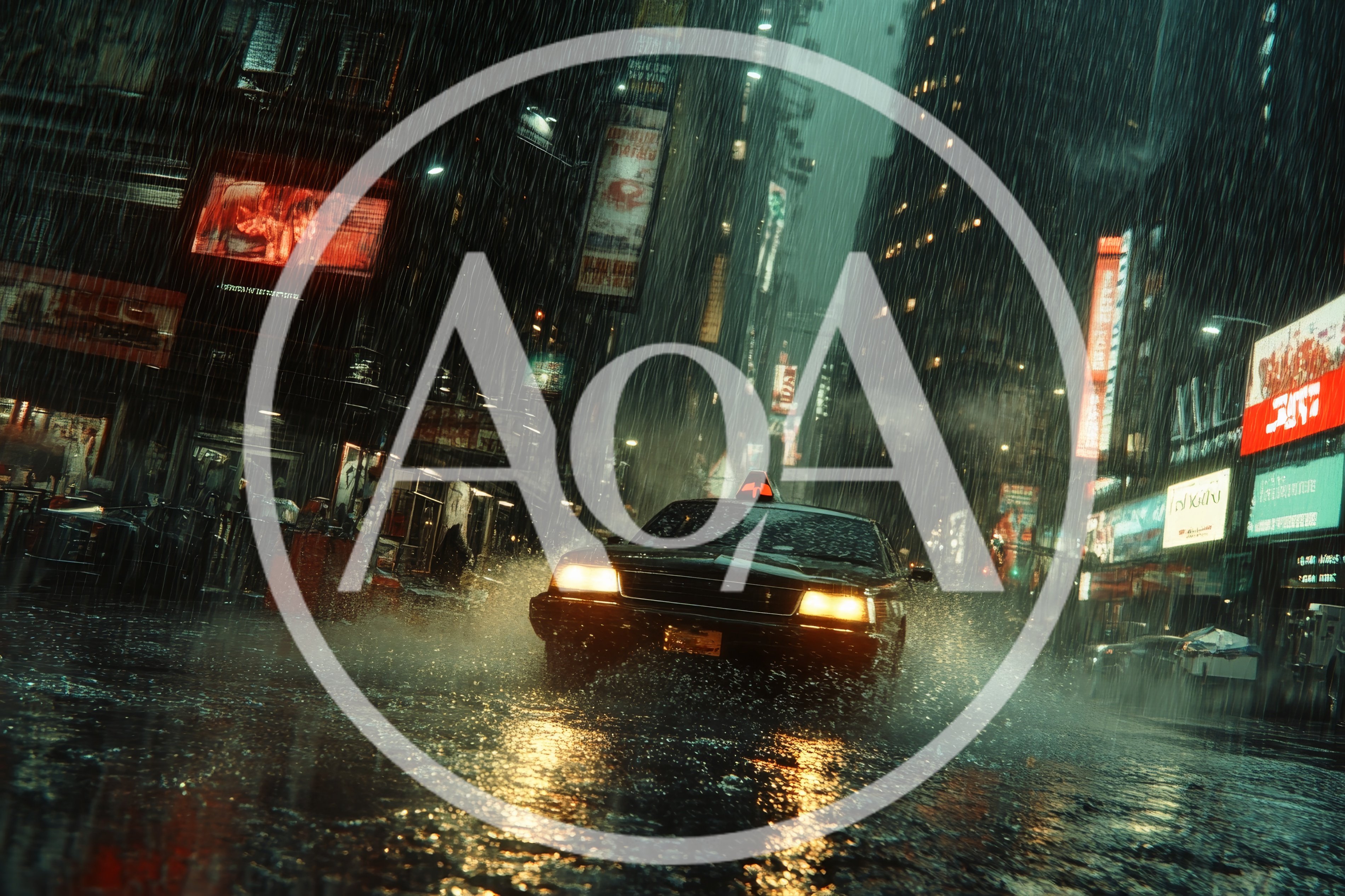 Cyberpunk Taxi Driving Through Rainy City Street