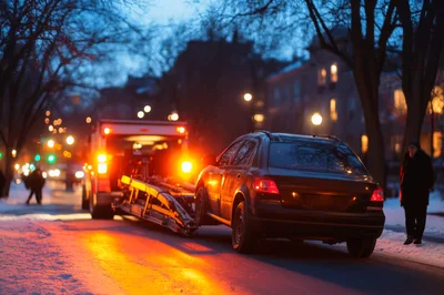 Tow Truck Loading A Car On Snowy City Street