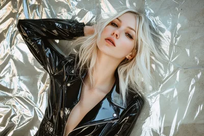 Blonde Woman In Black Vinyl Jacket Posing