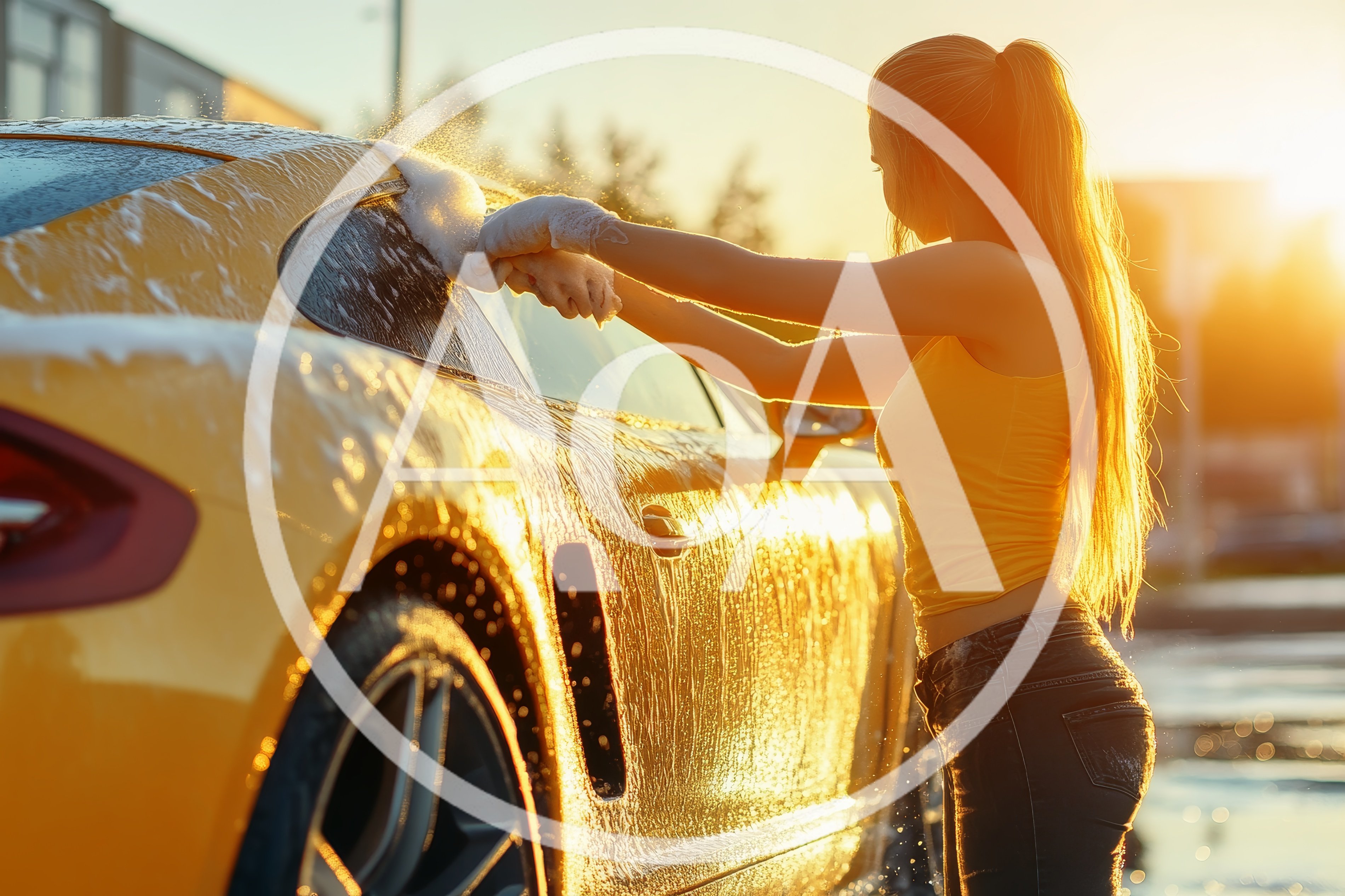Young Woman Washing Yellow Sports Car At Sunset
