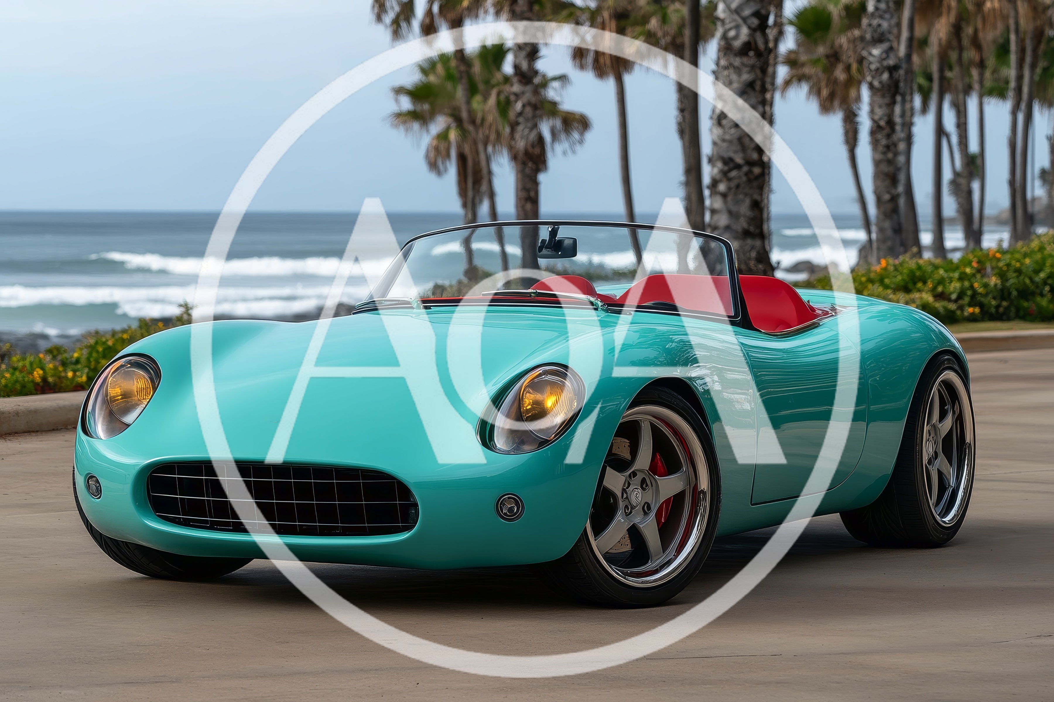 Teal Vintage Style Roadster Parked By The Ocean