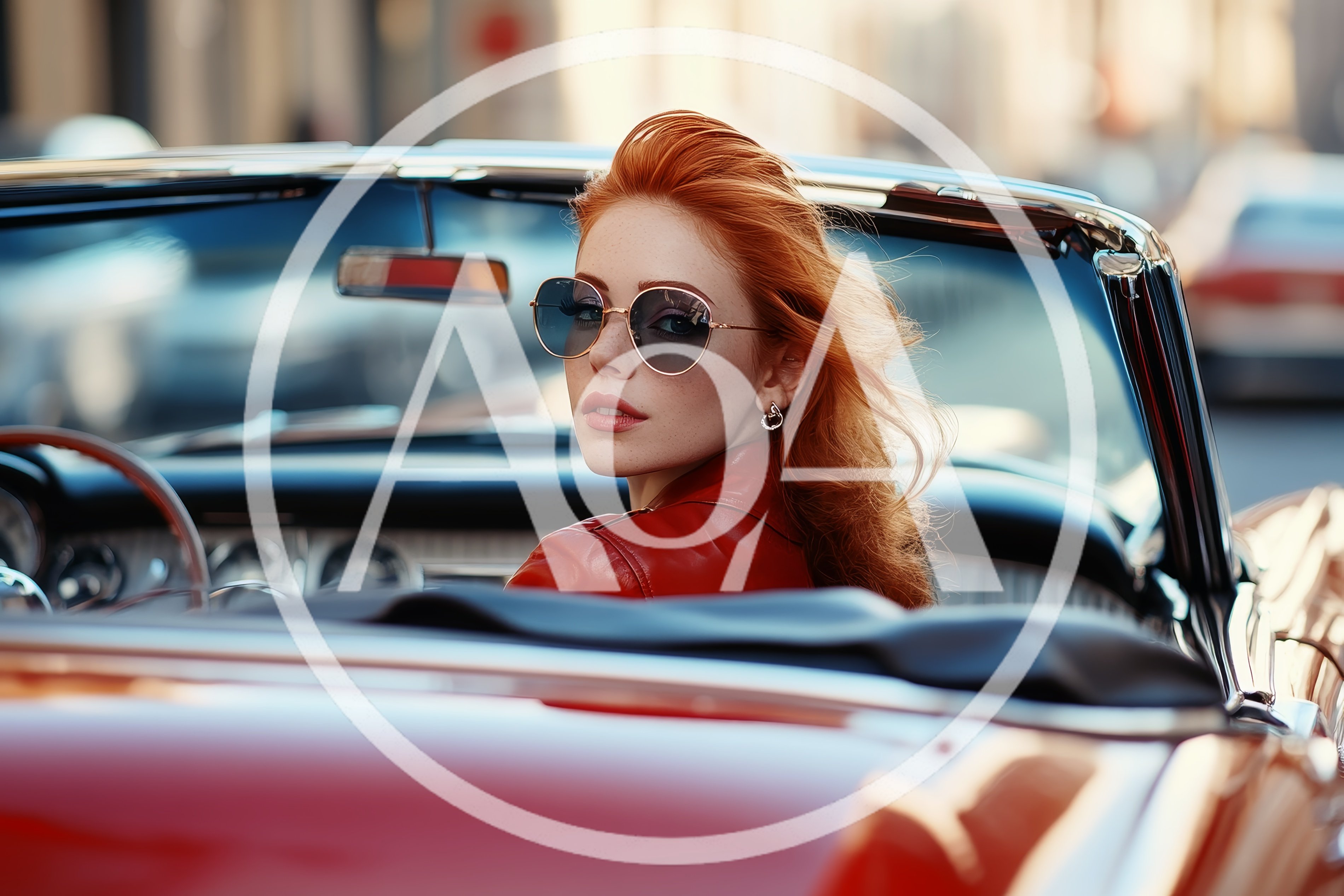 Stylish Redheaded Woman Driving A Vintage Convertible Car